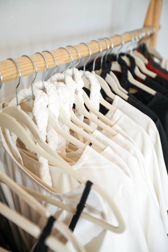 Minimalist clothing rack featuring a black and white capsule wardrobe.